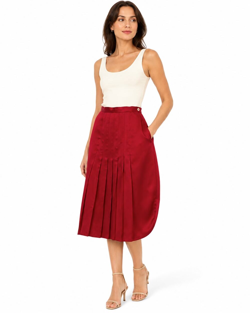 70s Calvin Klein Burgundy Silk Midi Skirt Joseph Magnin Pleated Front W26